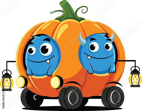 Halloween pumpkin car with cute blue monsters, funny cartoon fantasy vehicle with lanterns, creative spooky holiday concept vector illustration