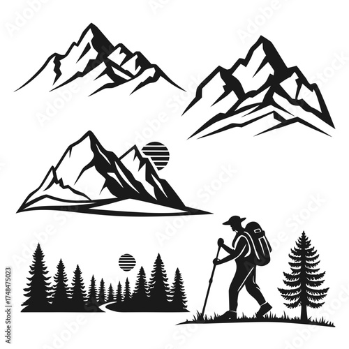 Black silhouette mountain range and hiker vector graphics