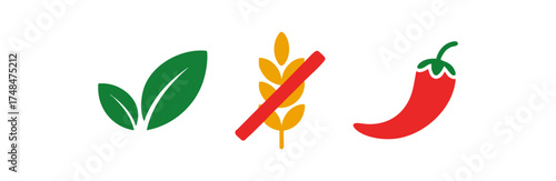 Image features symbols representing vegetarian, gluten-free, and spicy food options, suitable for dietary information.