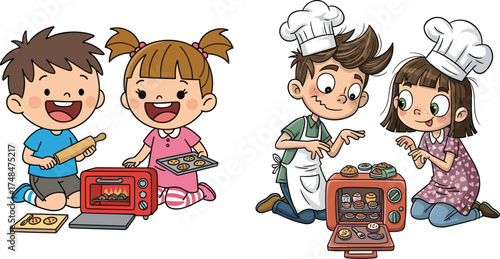 Children baking cookies, kids pretend play, toy oven, chef hats, teamwork, fun learning, creative play, childhood imagination, cooking activity, friendship