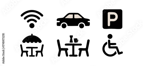 A collection of common service and facility icons including Wi-Fi, car, parking, outdoor dining, indoor dining, and wheelchair access.