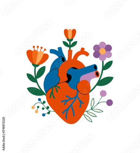 Anatomical heart illustration surrounded by colorful flowers and leaves.