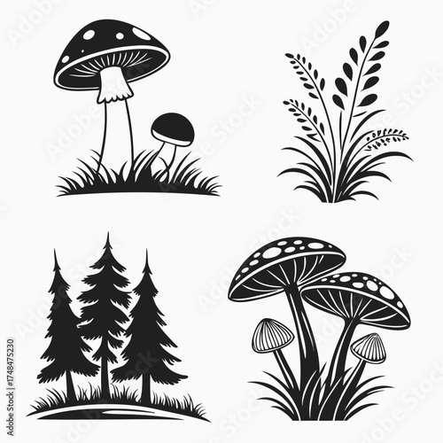 Black silhouette vector designs of mushrooms and trees