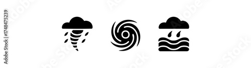 Weather icons depicting a tornado, heavy rain, and flooding, symbolizing severe weather conditions.