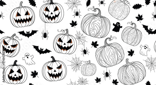 Halloween pumpkin pattern, spooky jack o lanterns with ghosts bats and spider webs, black and white decorative outline design, festive seamless vector illustration