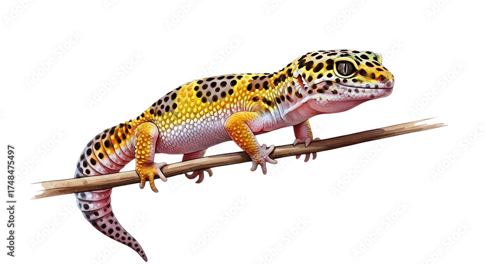 Naklejka premium Leopard gecko resting on a small branch against a white backdrop, showcasing its vibrant yellow and black spotted pattern in a studio setting.