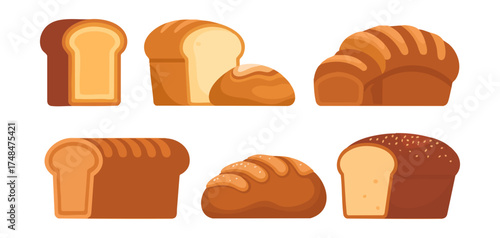 A collection of six different types of bread loaves, presented in a flat design illustration style.