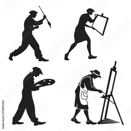 Four black silhouette artists painting and drawing