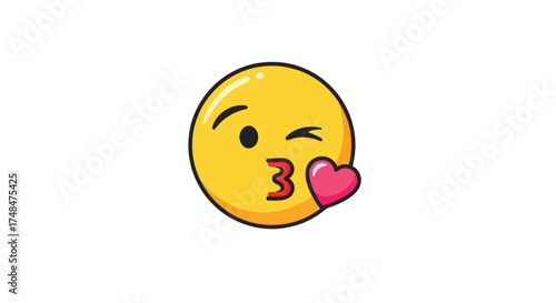 Yellow emoji face blowing a kiss with a pink heart.