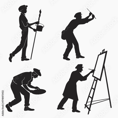 Four black silhouette artists painting and preparing art