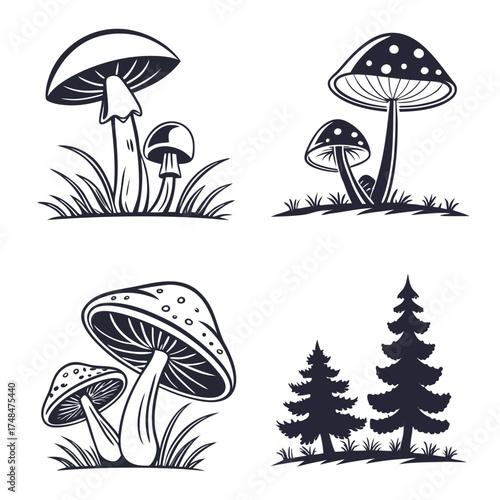 Four black silhouette designs of mushrooms and trees
