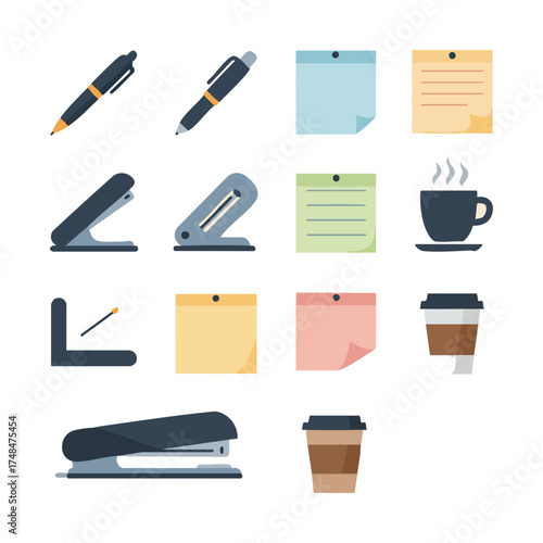 Office supplies: pens, stapler, hole punch, sticky notes, and coffee.