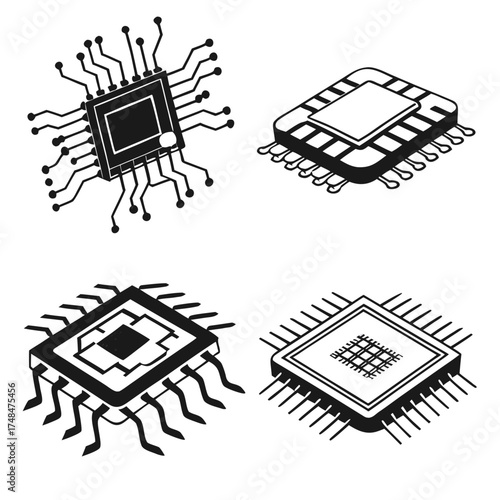 Four black silhouette microchip designs isometric integrated circuit