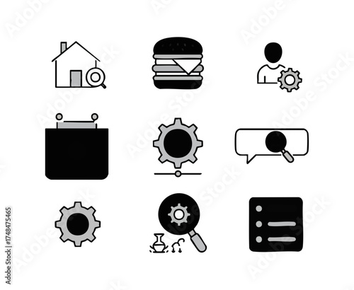 A collection of nine black and white user interface icons for web and mobile applications.