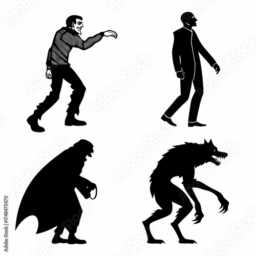 Four black silhouette monster designs white werewolf