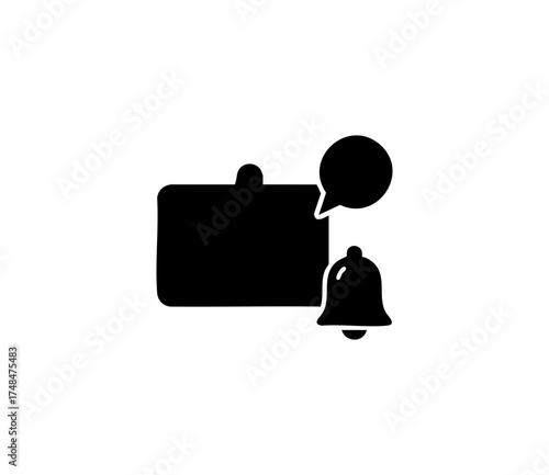 A black and white icon representing a briefcase with a notification bubble and a bell.