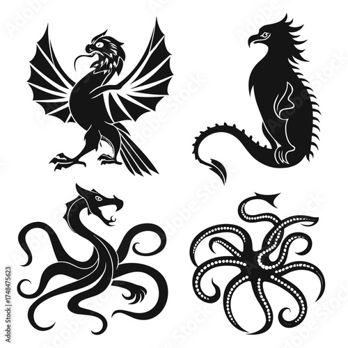 Four black silhouette mythical creatures on white background 3