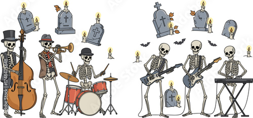 Halloween skeleton band playing musical instruments in graveyard, spooky jazz and rock concert scene with candles, creative festive vector illustration