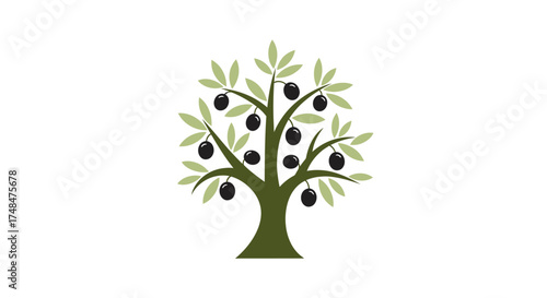 Stylized Olive Tree with Dark Olives and Green Leaves.