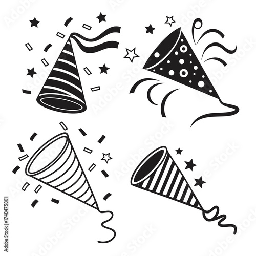 Four black silhouette party poppers with confetti and stars