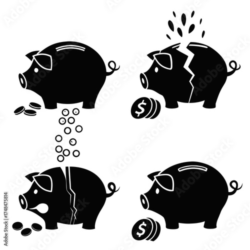 Four black silhouette piggy bank designs with coins