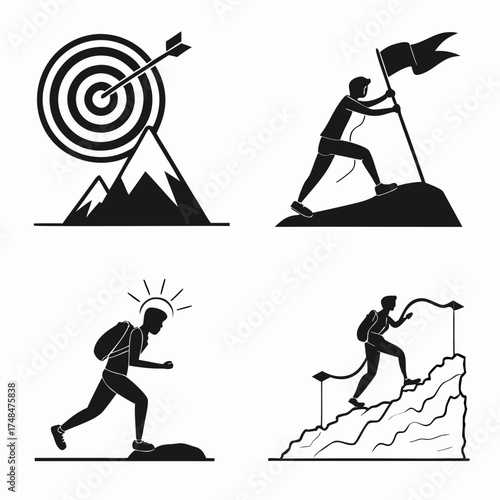 Four black silhouette vector designs of achievement and effort 1