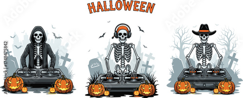 Halloween skeleton DJ party, spooky music scene with pumpkins and graveyard background, funny dancing skeletons with headphones, dark festive cartoon vector illustration