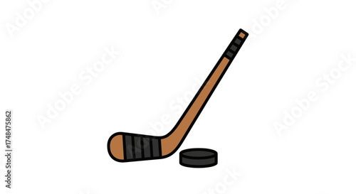 Cartoon Illustration of Hockey Stick and Puck on White.