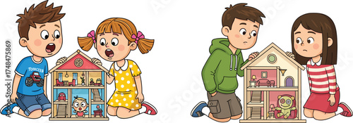 Children playing with dollhouse, kids imagination, creative play, toy furniture, childhood fun, teamwork, pretend play, learning activity, friendship, indoor toys