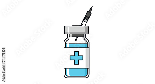Medical Syringe and Vial with Blue Liquid and Cross Symbol.