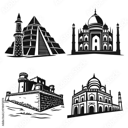 Four black silhouette vector designs of famous ancient monuments