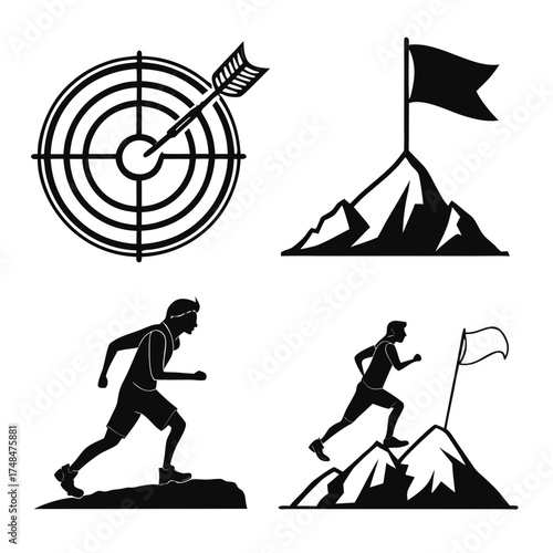 Four black silhouette vector designs of achievement and effort