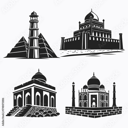 Four black silhouette vector designs of famous world landmarks