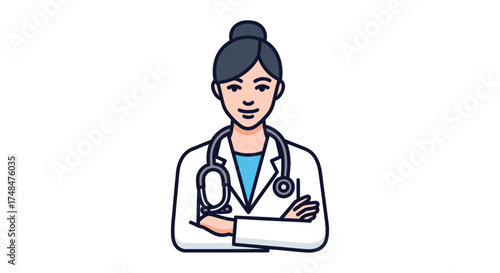 Cartoon illustration of a female doctor with a stethoscope and arms crossed.