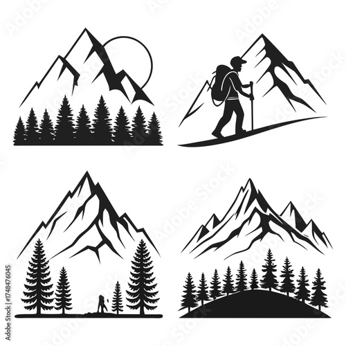 Four black silhouette vector designs of mountains and trees
