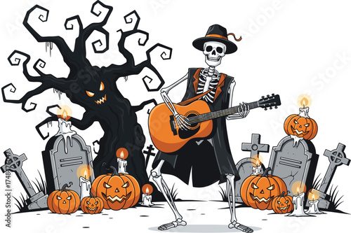 Halloween skeleton playing acoustic guitar, spooky musician illustration in haunted graveyard with pumpkins and candles, eerie night scene with creepy gothic horror art design vector illustration fast