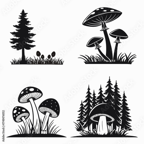 Four black silhouette vector designs of mushrooms and trees 1