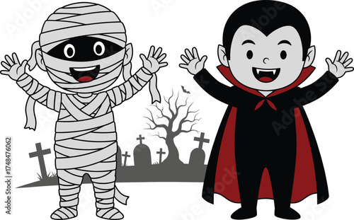 Halloween vampire and mummy cartoon characters, cute kids costume party illustration with graveyard background, spooky fun holiday design  festive trick or treat theme vector illustration, fast