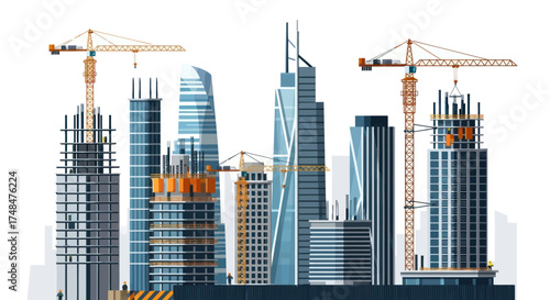 City Skyline Under Construction with Cranes and Modern Skyscrapers.