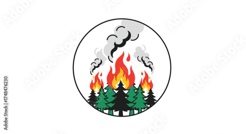Illustration of a forest fire with flames and smoke rising from pine trees.