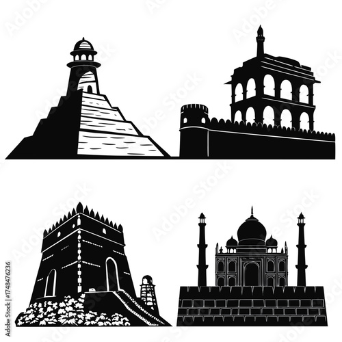 Four black silhouette vector designs of old monuments