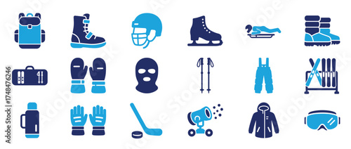 Winter sports icons: equipment for skiing, snowboarding, and ice hockey