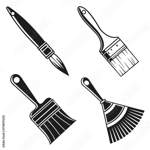 Four black silhouette vector designs of paint brushes