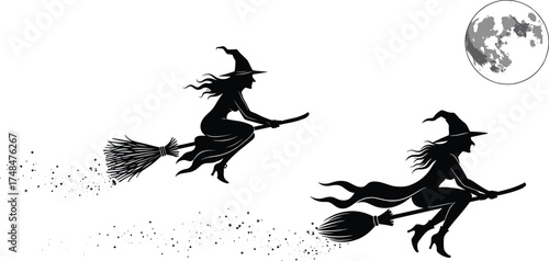 Halloween witches flying on broomsticks under full moon, spooky silhouette witch flight scene, magical night sky fantasy vector illustration