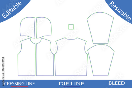 Garment patterns for a hooded jacket with sleeves and a square