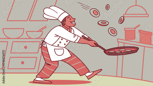 Cartoon chef cooking in colorful kitchen showing fun energy passion and happiness 