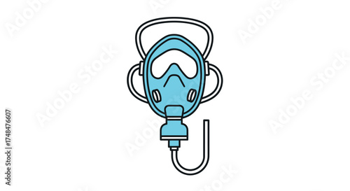 Blue medical oxygen mask with breathing tube and head strap line art icon.