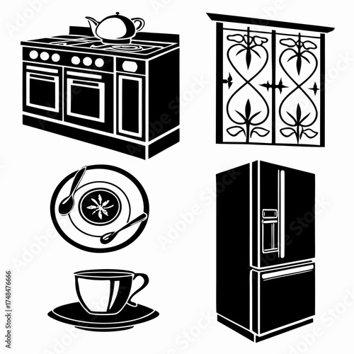 Black silhouette kitchen appliances and tableware stove