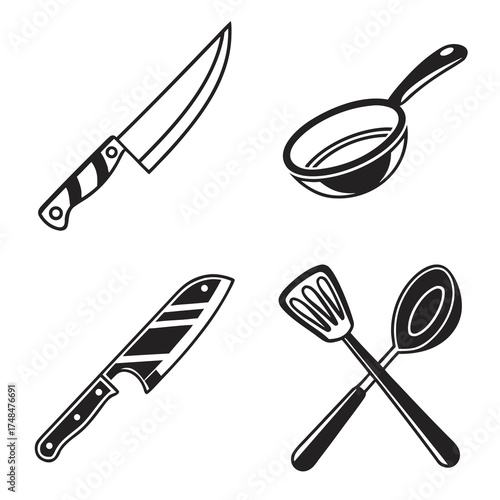 Black silhouette kitchen utensils including knives pan spatula spoon