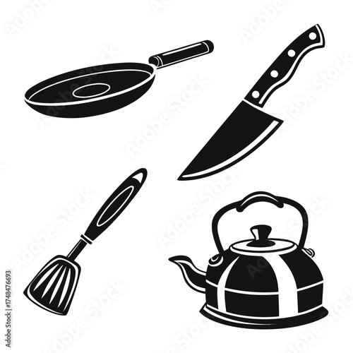 Black silhouette kitchen tools set frying pan knife spatula kettle